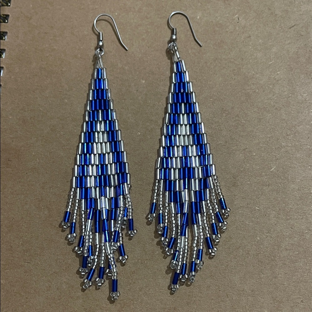 Handmade Blue and Silver Beaded Dangle Earrings, statement earrings! Handmade!